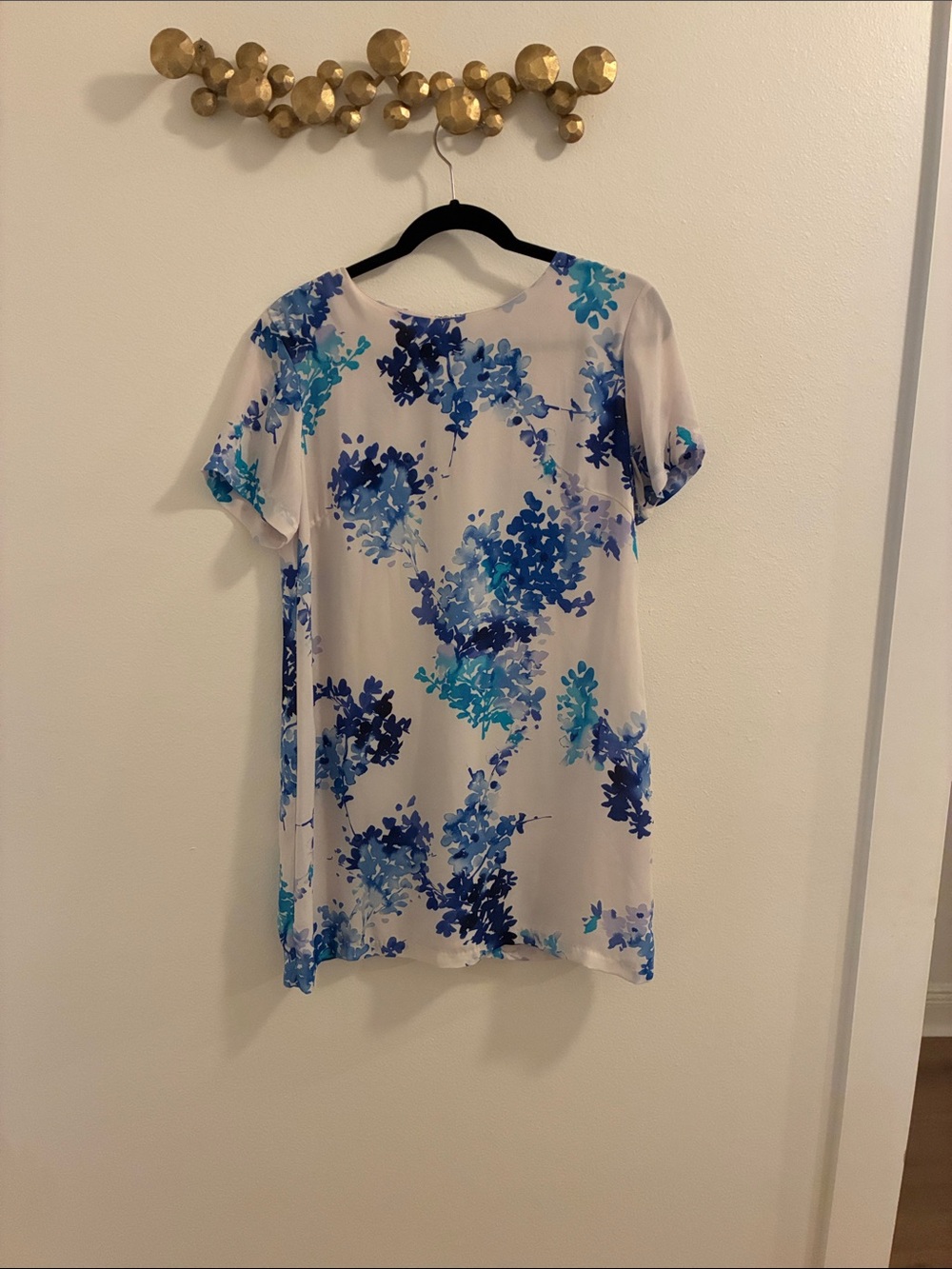 Olivaceous White Mini Dress with Blue Floral Print